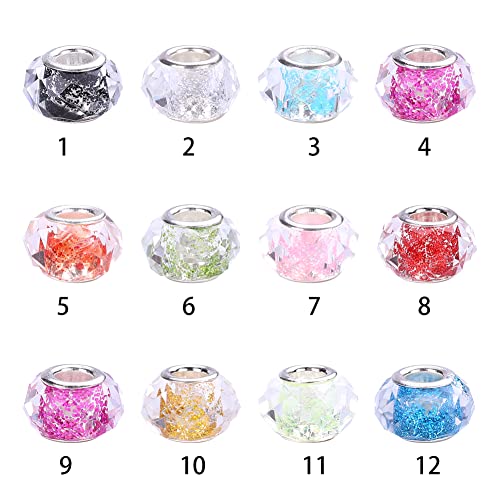 100 Pieces 14mm European Large Hole Spacer Beads Mix Color with Silver Brass Cores Assortments Charm Lampwork Beads Supplies for Necklace Bracelets Jewelry Making (Faceted Powder) - color: Faceted powder