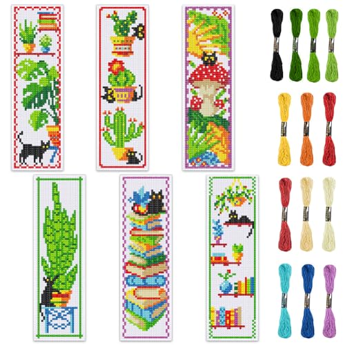 INFUNLY 6pcs DIY Cross Stitch Bookmark Kit Plant Stamped Embroidery Bookmark Kits Instruction Included 8.7x3.1 Black Cat Easy Cross Stitch Kits for Adults Beginners Book Needlepoint Bookmark Kit - style: Plant Book