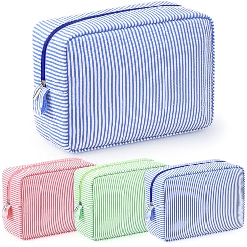 Sanwuta 3 Pcs Seersucker Makeup Bags, Pink, Blue, Green - color: Pink, Blue, Green