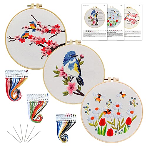 Yutaohui 3 Sets Birds Embroidery Kit with 1 Embroidery Hoop, Birds, Bee, Flower Embroidery Kits for Beginners, Bird Embroidery Kit for Adults, Starter. - color: red flowers