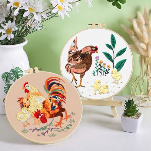 ERKOON 3 Sets Embroidery Kit, Floral Cross Stitch Set for Include Embroidery Cloth Hoops Threads for Craft Lover Hand Stitch (Rooster) - color: Rooster