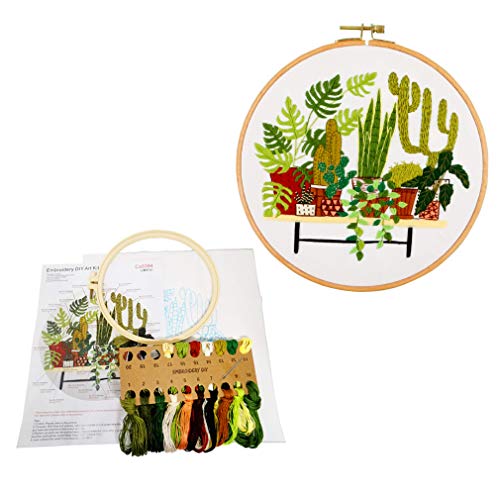 SUQUUB 3 Sets Embroidery Starter Kit with Pattern and Instructions,Cross Stitch Beginner Kits with Frame,3 Plastic Embroidery Hoops,3 Embroidery Clothes and Color Threads (3 X Plant Pattern) - color: 3 X plant pattern