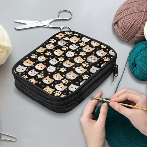 Kathyboom Cat Paw Prints Crochet Hooks Case Zipper Bags Portable Travel Storage Bag Organizer with Web Pocket and Crochet Holder Slots for Carrying Various Needles - color: Cat Paw Prints