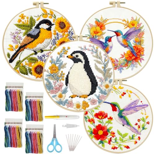 FEIYUENO 4 Pack Bird Cross Stitch Embroidery Kits for Adults (Hummingbird) - color: Hummingbird