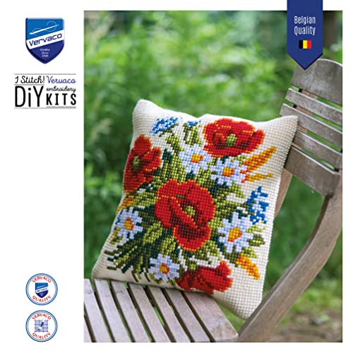 Vervaco Flowers Cross Stitch Cushion, Multi-Colour - size: 40 x 40 cm