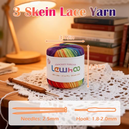 Crochet Thread Size 3, 3 Pack 100% Cotton Lace Yarn Set Rainbow - color: Rainbow