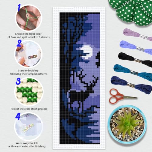 BEUNITONE 6 Pcs Cross Stitch Bookmark Kit for Beginner Black Moon Animals Counted Cross Stitch Kit with Instruction Stamped Embroidery Bookmarks Handmade for DIY Crafts Book Lovers 8.5''x3'' - style: Animal and Night Scene