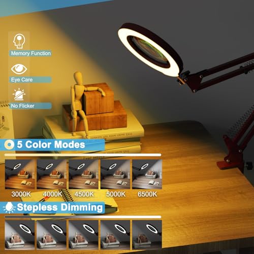 Coyeth 12X Magnifying Glass with Light and Stand, 5 Color Modes Stepless Dimmable 2-in-1 Lighted Magnifier with Clamp, LED Desk Lamp Hands Free for Crafts Hobby Reading Painting Sewing Close Work Red - color: Red, size: 12X 20inch Base & Clamp