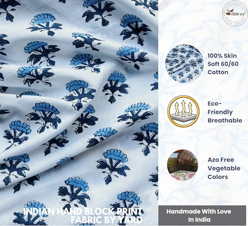 100% Cotton Fabric by the Yard, Hand Block Print Fabric for Sewing RB-112 - color: Rb-112 Blue, size: 5 Yard pre cut