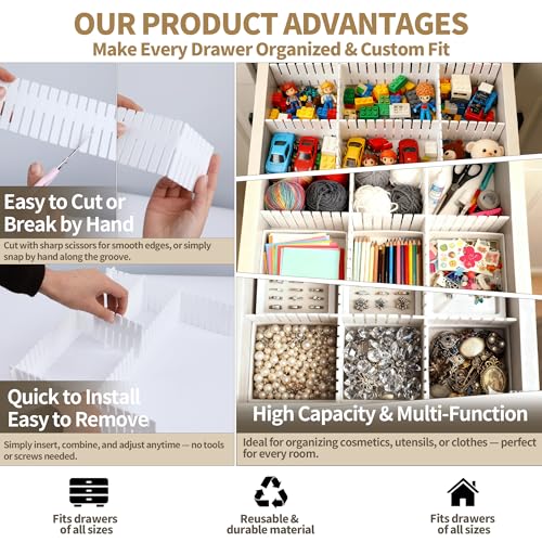 Drawer Divider Adjustable Diy Storage Organizer Separator for Tidying Clutter Cutlery Makeup Clothes of Dresses, Desk & Box in Kitchen Bathroom Bedroom Office (Cut at Will) (White 32PCS) - color: White 32pcs