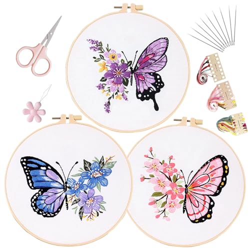 LB Butterfly Embroidery Kit for Beginners Adults, 3 Sets Hand Embroidery Starter Kit with Flower Pattern and Instructions Stamped Cross Stitch Kits Include Embroidery Hoop Needles Threads Scissors - color: Purple