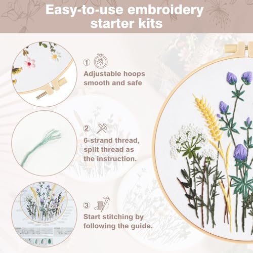 RidaaFri Embroidery Kit for Beginners, 3 Set Flower Pattern Practice Kits