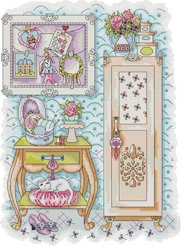 Meecaa Cross Stitch Kits 14 Count Stamped, Flower Cat Room Girl Embroidery Kit with Accessories Pre Printed (29×36cm)(Flower) - color: Flower