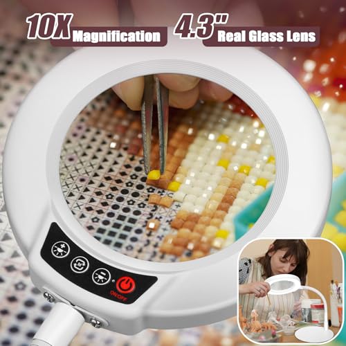 10X Magnifying Glass with Light and Stand, 16.5in Flexible Goose-Neck, 5 Color Modes Stepless Dimmable LED Lighted Desk Lamp, Hands Free Magnifier for Crafting Hobby Painting Close Work - White - color: White, size: 10X-16.5in