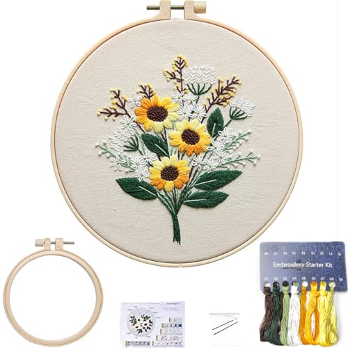 FONNUY Embroidery Kit for Beginners，Plants Flowers Pre-Stamped Pattern Kits for Adults with Hoop, Easy to Follow Needlework (Sunflower) - color: Sunflower