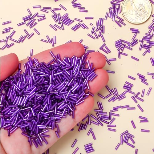 2000pcs Glass Bugle Beads, Tube Beads Bulk, Mini Long Tiny Small Waist Loose Spacer Embroidery Beaded for Bracelets Jewelry Making Sewing, Crafts, 2×6mm, Purple - color: Purple