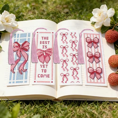 ACRNIGHEET 6PCS Cross Stitch Bookmark Kit for Beginner Cute Pink Bow Stamped Cross Stitch Kits Needlepoint Kit for Adults DIY Tassel Embroidery Bookmark Kits with Instructions Craft Gift 8.5"x3" 11CT - style: Pink Bow Patterns