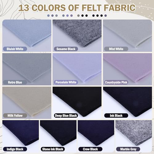 XSEINO 13 Rolls 8"x35" 1.4mm Thick Soft Felt Fabric Sheet 13 Assorted Black White Series Colors Felt Pack Pastel Felt Sheets for DIY Craft Sewing Squares Nonwoven Patchwork - color: Neutral Hues