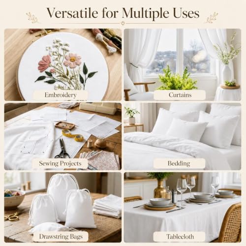 100% Muslin Fabric by Yard, 5 Yards x 59" White Cotton Fabric - color: Bleach White, size: 5 Yards