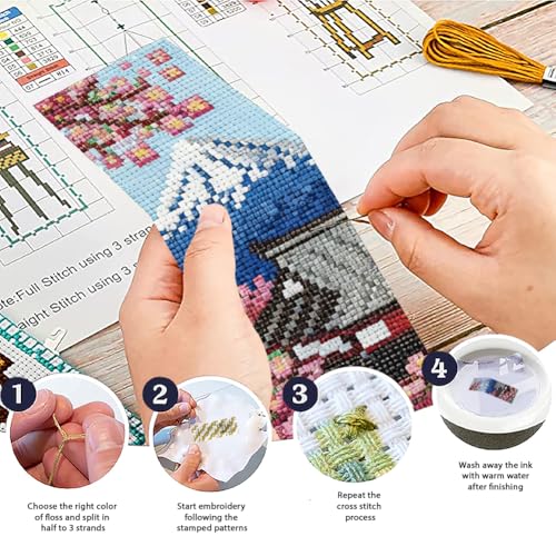 ACRNIGHEET 6PCS Stamped Cross Stitch Bookmark Kit for Beginners Japanese - style: Landscape Patterns 5