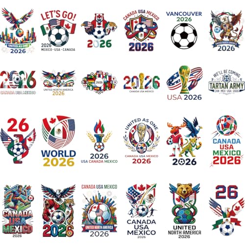 24Pcs Soccer Cup 2026 Dtf Transfers Ready to Press USA Canada Mexico Soccer Cup Iron on Transfers for Tshirts Vinyl Stickers for Clothing Pillows Bag DIY Crafts - color: Soccer Cup 2026