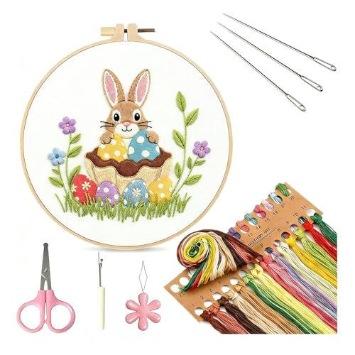 WaFtesh Embroidery Kits for Beginners Adult, DIY Hand Embroidery Cross Stitch Starter Set with Pattern, 3D Rabbit Needlepoint & Cross Stitch 7.9 Inch Hoop Threads, Needles, Instruction - color: Bunny-1