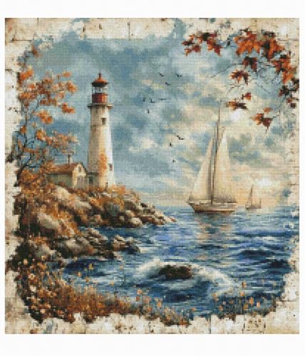 Moohue 14ct Counted Cross Stitch Kits for Adults Seaside Tower Boat Printed Stamped Cross Stitch Patterns Kits Cross Stitch Supplies (Seaside Tower Boat) - color: Seaside Tower Boat