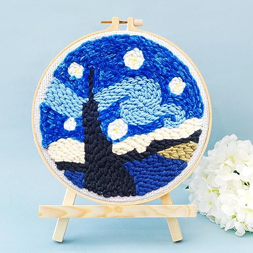 Allazone Punch Needle Embroidery Starter Kits, Pattern Punch Needle Kits Threader Fabric Embroidery, Punch Needle with Adjustable Embroidery Pen for Adults Kids Beginner (Moonlight & Lakeside) - color: Moonlight & Lakeside