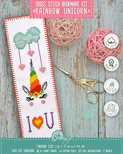 Povitrulya Counted Cross Stitch Kit 'Rainbow Unicorn' - DIY Embroidery Bookmark Set with Paper Pattern, 16 Count Aida Cloth and Pre-Sorted Floss