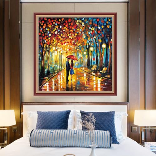 Funchey Counted Cross Stitch Kits for Adults Needlepoint Kits Unprinted Cross Stitching Embroidery Kit 11CT Cross Stitch Supplies&Romantic Couple on a Rainy Night 18x18 inch - color: DIYCrafts13