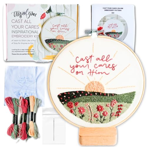 Elly & Grace Christian Embroidery Kit with Embroidery Hoop, Easy Embroidery Kit for Beginners and Adults, Full Embroidery Hoop Kit with Needles and Thread Included (Cast All Your Cares) - style: Cast All Your Cares