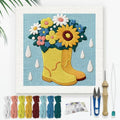Doodlream Flower Rain Boots Needle Kit for Beginner, 9.4"x 9.4" Sunflower Daisy Punch Stitching Craft Set, Color DIY Embroidery Starter with Printed Frame, Instruction, Threader, Yarn, Pinch Needle - color: Rain Boots