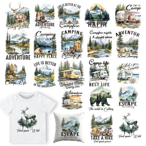 Dazoratix Camping Iron on Transfers - 20 Sheets Adventure DTF Ready to Press for T Shirts Mountain Wild Outdoor Heat Patches Stickers Vinyl Decals for Clothes Appliques Bag Hat Decorations DIY Crafts - style: Camping