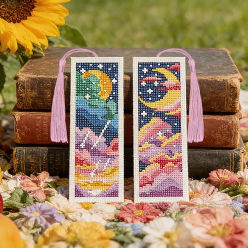 ACRNIGHEET 6PCS Cross Stitch Bookmark Kit for Beginner Colorful Clouds Stamped Cross Stitch Kits Needlepoint Kit for Adults DIY Tassel Embroidery Bookmark Kits & Instructions Craft Gift 8.5"x3" 11CT - style: Dreamy Clouds Patterns