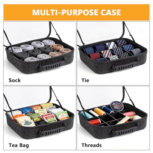 Sock Tie Storage Organizer Box with Clear Lid, 12 Compartment Removable Divided Drawer Organizer for Tea Bag and Threads, Eco-Friendly Felt Case, Gift for Men & Women