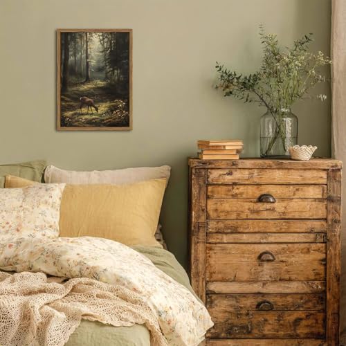 Framed Vintage Forest Deer Canvas Wall Art, Rustic Nature Landscape Paintings Wall Decor, Woodland Animal Pictures Prints Cottagecore Home Decor for Living Room Bedroom Office 16x24 inch - color: Deer, size: 24"L x 16"W