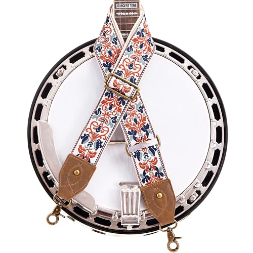 Nefelibata Banjo Strap,2"Wide Double Crazy Horse Leather Jacquard Embroidery Strap Adjustable Replacement,Multi-pattern Strap With Metal Clips - color: A#-brown Blue Jacquard
