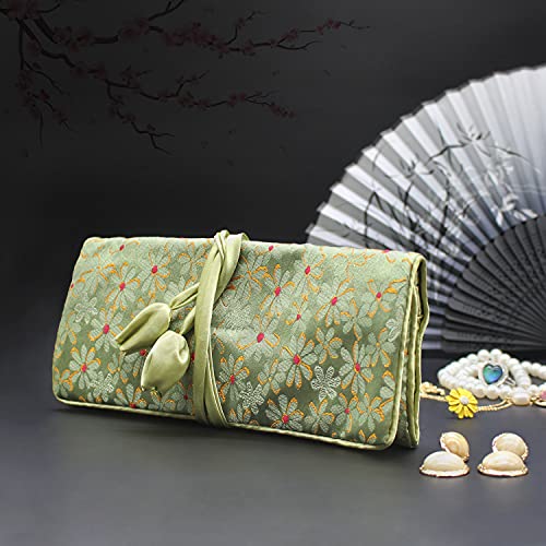 SmilerSmile Jewelry Travel Bag Embroidery Travel Jewelry Organizer with Tie Close Embroidered Flower Jewelry Roll for Women Girls (Flower Green) - color: Flower Green