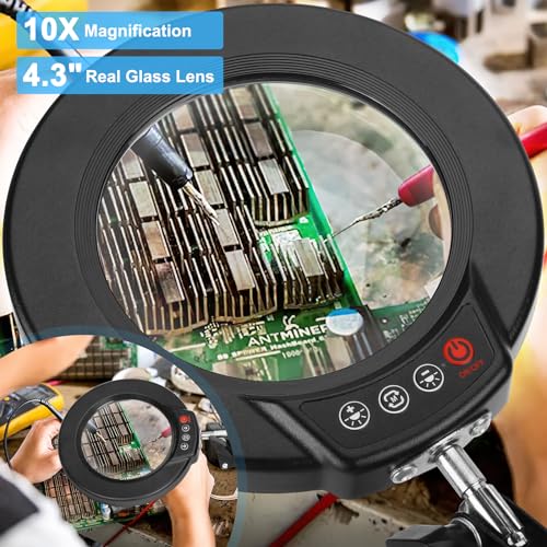 Coyeth 10X Magnifying Glass with Light and Clamp, Real Glass Stand Lighted Magnifier, 5 Color Modes Stepless Dimmable LED Desk Lamp Hands Free for Crafts Hobby Reading Painting Sewing Close Work - color: Black, size: 10X-Regular Arm