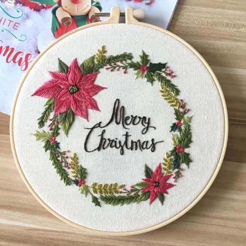 IUHUI Embroidery Kit for Beginners Adults - Merry Christmas Easy Patterns, DIY Hand Stitching Embroidery Set with Hoop (Christmas Wreath) - color: Christmas Wreath