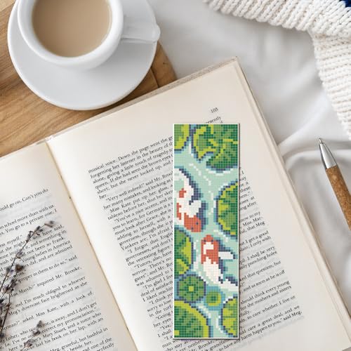FREEBLOSS 6 Set Lotus Cross Stitch Bookmark Kit 8.66''x3.15'' 11CT - style: Koi ponds