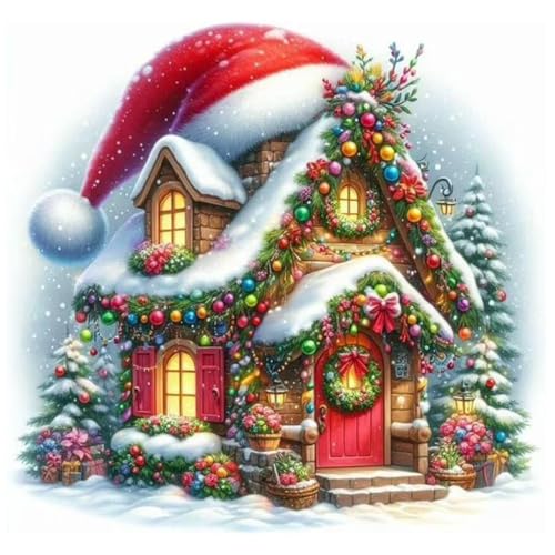 Christmas SnowHouse Stamped Cross Stitch Kits for Adults, Santa Hat 11CT Needlepoint Counted Cross Stitch Kits for Beginner, Printed Dimensions Embroidery Kit Art Craft for Home Wall Decor 14x14 Inch - color: SZXY011-US