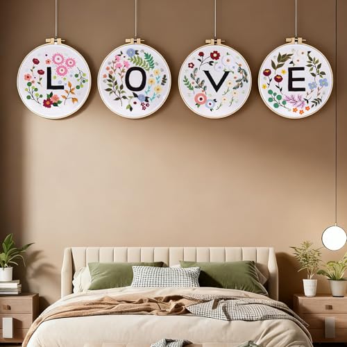 Vereela Embroidery Kit for Beginners Adults, 4 Pack Stamped Embroidery Starter Kit with Flower and Love Patterns, Hoops, Threads, Needles, Scissors and Instructions, DIY Craft Gift for Women Teens - color: white