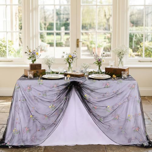 Wedding Floral Tablecloth 60" x 120" Sheer Black Wildflower Tablecloths - color: Black, size: 60"x120", 1 Pc