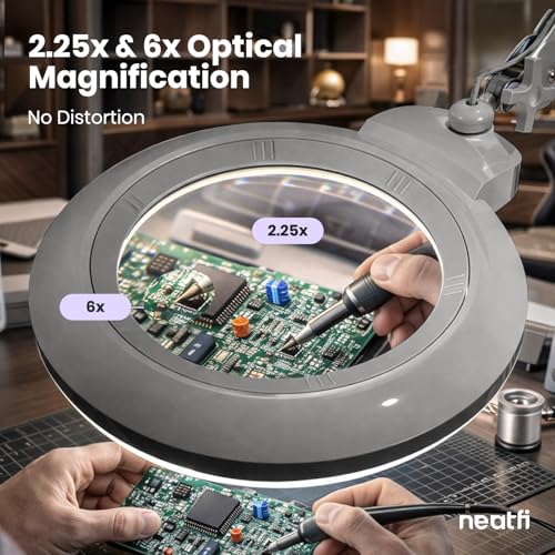 Neatfi XL Bifocal LED Magnifying Lamp, 7” Acrylic Lens, 2.25X/6X Magnification, 1,600 Lumens Dimmable | Hands-Free Close Work | Crafting, Jewelry & Reading (Silver, 7-inch Lens, Non-CCT with Clamp) - color: Silver, size: 7-inch Lens, Non-CCT with Clamp