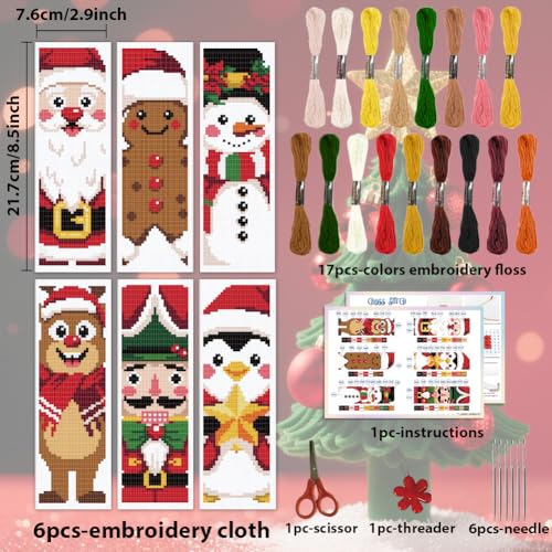 ACRNIGHEET 6PCS Christmas Cross Stitch Bookmark Kit for Beginner Stamped Cross Stitch Kits for Adults DIY Embroidery Bookmark Kits with English Instructions Hand Craft Gift 8.5''x3'' 11CT - style: Christmas Patterns 1