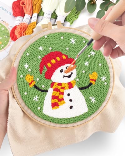 ERKOON Christmas Punch Needle Kit Adults Beginners, 2 Pcs DIY Easy Embroidery Set for Starter Art Craft, Needling Punch Project with Patterns, Tools, Yarns, Hoop, Instruction (ChristmasTree & Snowman) - color: ChristmasTree & Snowman