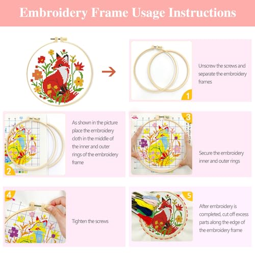 Zhenqing 4 Pack Woodland Animal Stamped Cross Stitch Kit, 11CT Printed Fox Squirrel Hedgehog Bunny Patterns with Hoop and Tools for Adults and Beginners - color: Fox Squirrel Hedgehog Bunny