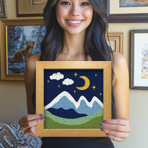 BEUNITONE 2 Sets Camping Punch Needle Kit for Beginners Scenery Theme Punch Embroidery Kits with Frame Instructions Embroidery Starter Kits with Art Night Pattern for Wall Painting 9.4'' x 9.4'' - color: 01-Mountain Scenery