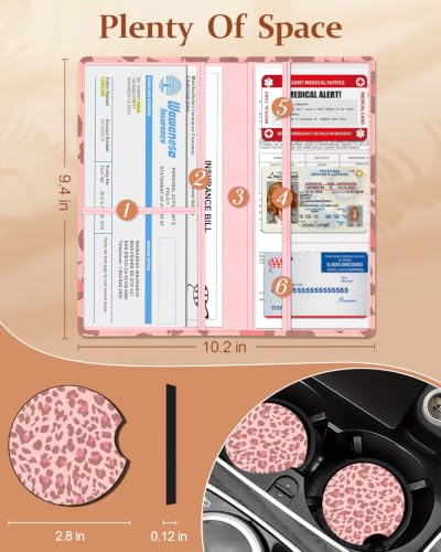 Slohif Car Registration and Insurance Holder with 2 Car Coasters, Elegant - color: Pink Leopard